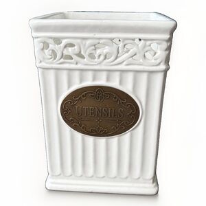 THL White Ceramic Utensils Holder Canister Jar Farmhouse Lattice Shabby Chic